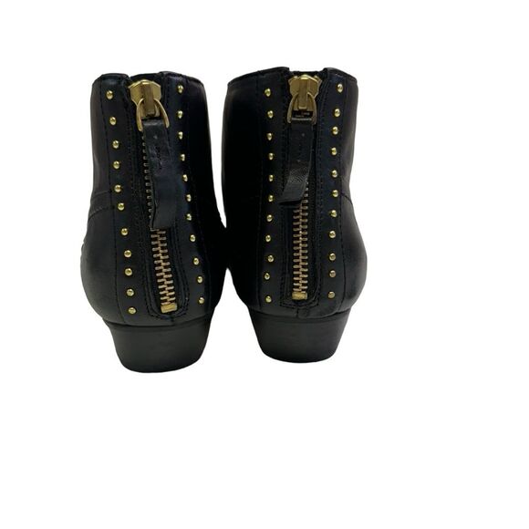 Black‎ Leather Ankle Boots with Gold Studded Heel Accent Booties - Picture 3 of 12